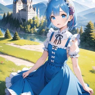 (6 year old girl:1.7), (cowboy shot:1.4), Rem from Re:Zero, (insanely detailed:1.1), (Ultra detailed:1.1), (8K resolution:1.2), (photorealistic:1.1), (natural lighting:1.1), young adult, big blue eyes, short light blue hair with side bangs, cute expression, wearing a distinctive maid outfit with frills and bows, blue and white color scheme, outdoors, Neuschwanstein Castle in Germany as background, bright sunny day, clear sky, looking at viewer, confident pose, (hyper-realistic:1.1), Bavarian architecture, fairy tale castle, Alpine landscape, romantic atmosphere