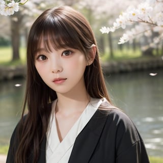 A stunning portrait of an 8-year-old Japanese girl, radiating beauty and innocence. She has long, flowing black hair, large, expressive dark eyes, and a delicate, heart-shaped face. She is wearing a traditional Japanese kimono, adorned with intricate patterns and vibrant colors. The background is a serene Japanese garden with cherry blossoms in full bloom. Highly detailed, masterpiece, 8K resolution.