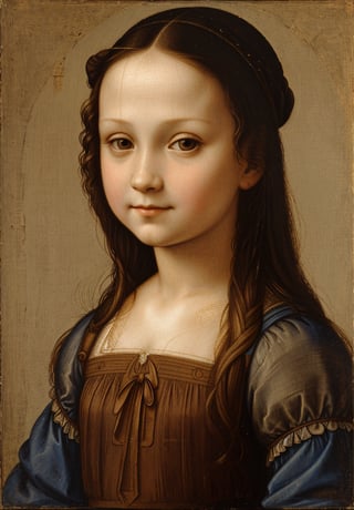 A painting of a 5-year-old girl in Leonardo da Vinci's style, characterized by innocent, playful, and detailed features.