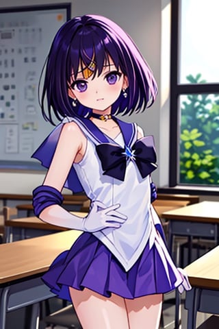 A beautiful and detailed illustration of a 6-year-old Japanese schoolgirl in a classroom setting, incorporating Sailor Saturn elements. She has short purple hair, purple eyes, and is wearing a magical girl outfit with a sailor senshi uniform, miniskirt, purple sailor collar, white gloves, circlet, brooch, choker, earrings, gloves, jewelry, and a star choker. The image should be in a high-quality, 8k resolution, with perfect lighting, extremely detailed CG, and perfect hands and anatomy. The girl should be looking at the viewer in a cowboy shot, with a natural light source and a school background. 