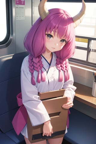 (solo:1.1),
young,
petite,
6-year-old,
Japanese girl,
gentle and kind expression,

aaaura,
braid,
twin braids,
horns,

(Office worker clothes:1.1),

looking at the viewer, cowboy shot,
Inside a Japanese train,

bright,
sunny day,

photorealistic,
ultra-high-resolution,
8K,
