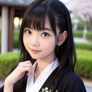 A stunning portrait of an 8-year-old Japanese girl, radiating beauty and innocence. She has long, flowing black hair, large, expressive dark eyes, and a delicate, heart-shaped face. She is wearing a traditional Japanese kimono, adorned with intricate patterns and vibrant colors. The background is a serene Japanese garden with cherry blossoms in full bloom. Highly detailed, masterpiece, 8K resolution.