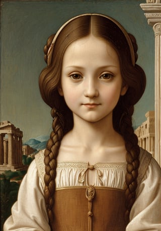 A portrait in the distinctive style of Leonardo da Vinci, depicting the upper body of a 5-year-old girl dressed in traditional ancient Greek clothing. The background subtly hints at an ancient Greek city, with elements such as detailed architecture, temples, and market scenes visible but not distracting from the main subject. The girl has a serene and innocent expression, and the painting captures the intricate details and realistic textures typical of Leonardo da Vinci's work, with a focus on light and shadow to create depth and dimension. Use the sfumato technique for soft transitions between colors and tones, and emphasize the girl's delicate features and curious expression. Blend Renaissance and ancient Greek aesthetics seamlessly.