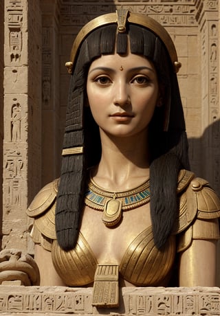 A High Renaissance style painting of the upper body of Cleopatra, the Egyptian queen, depicted in Leonardo da Vinci's distinctive style. The scene should feature intricate architectural details of ancient Egyptian temples and pyramids in the background, with Cleopatra in the foreground. Use the sfumato technique for soft transitions between colors and tones, creating a smoky effect without lines or borders. Include realistic human anatomy and natural elements like the Nile River. Emphasize Cleopatra's regal and enigmatic expression, capturing the complexity of her character. Incorporate da Vinci's fascination with light and shadow, creating a mysterious and ethereal atmosphere. Blend Renaissance aesthetics with ancient Egyptian architectural elements seamlessly. Pay attention to the subtle gradations in Cleopatra's facial features and clothing, mimicking da Vinci's meticulous approach to detail and scientific observation of light and form.