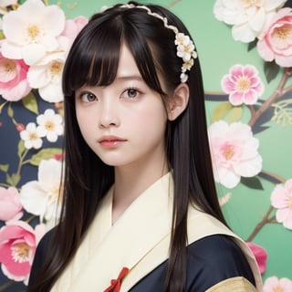 A stunning portrait of an 8-year-old Japanese girl, radiating beauty and innocence. She has long, flowing black hair, large, expressive dark eyes, and a delicate, heart-shaped face. She is wearing a traditional Japanese kimono, adorned with intricate patterns and vibrant colors. The background is a serene Japanese garden with cherry blossoms in full bloom. Highly detailed, masterpiece, 8K resolution.