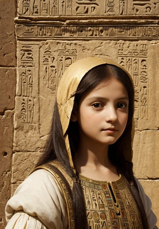 A painting of a 5-year-old girl in an ancient Egyptian city, depicted in Leonardo da Vinci's distinctive style. The scene should feature intricate architectural details of Egyptian temples and pyramids, with the girl in the foreground. Use sfumato technique for soft transitions between colors and tones. Include realistic human anatomy and natural elements like the Nile River. Emphasize the girl's curious expression and delicate features. Incorporate da Vinci's fascination with light and shadow, creating a mysterious atmosphere. Blend Renaissance and ancient Egyptian aesthetics seamlessly