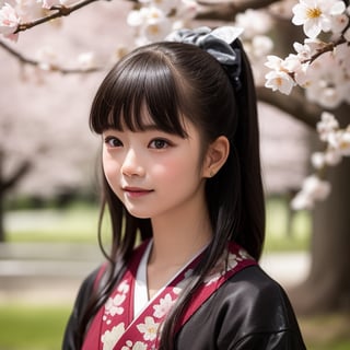 A stunning portrait of an 8-year-old Japanese girl, radiating beauty and innocence. She has long, flowing black hair, large, expressive dark eyes, and a delicate, heart-shaped face. She is wearing a traditional Japanese kimono, adorned with intricate patterns and vibrant colors. The background is a serene Japanese garden with cherry blossoms in full bloom. Highly detailed, masterpiece, 8K resolution.