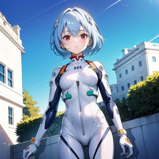 (6 year old girl:1.7), ayanami_rei, (insanely detailed:1.1), (Ultra detailed:1.1), high-quality 8K illustration, (cowboy shot:1.7), blue hair, red eyes, hair between eyes, (short hair:1.2), (white and blue plugsuit:1.3), (neural connectors:1.1), on a bright sunny day, (White House in background:1.4), beautiful detailed sky, beautiful detailed glow, posing in front of a dynamic background, masterpiece, best quality, beautiful and aesthetic, female focus, wallpaper
