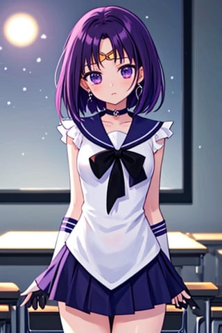 a 6-year-old Japanese girl,  (in a classroom setting:1.2), Generate a high-quality image of a 6-year-old Japanese schoolgirl in a classroom setting, dressed as Sailor Saturn. She should have purple eyes, short purple hair, and wear a circlet, brooch, choker, earrings, gloves, and a sailor senshi uniform with a miniskirt. The image should be set against a night sky with stars and a moon, and the girl should be looking directly at the viewer with a cowboy shot composition. The image should be a masterpiece with best quality, high resolution, and unity 8k wallpaper standards. The illustration should have beautiful, detailed eyes, an extremely detailed face, perfect lighting, and extremely detailed CG with perfect hands and anatomy. The background should be a beautiful, high-quality image of a school, with a focus on the girl as Sailor Saturn