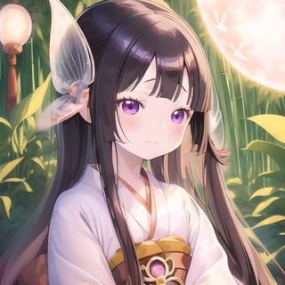 masterpiece, best quality, intricate details, (kaguya-hime:1.5), (little girl:1.5), (petite:1.5), beautiful child, light pink hair, white skin, light purple eyes, traditional Japanese kimono, bamboo forest background, full moon in sky, ethereal glow, innocent smile, (childlike features:1.2), (fairy tale atmosphere:1.3), upper body portrait, 