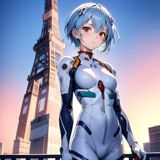 (6 year old girl:1.7), ayanami_rei, (insanely detailed:1.1), (Ultra detailed:1.1), high-quality 8K illustration, (cowboy shot:1.4), 1girl, looking at viewer, solo, blue hair, red eyes, hair between eyes, (short hair:1.2), (white and blue plugsuit:1.3), (neural connectors:1.1), on a bright sunny day, (Tokyo Tower in background:1.4), beautiful detailed sky, beautiful detailed glow, posing in front of a dynamic background, masterpiece, best quality, beautiful and aesthetic, female focus, wallpaper
