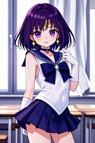 A beautiful and detailed illustration of a 6-year-old Japanese schoolgirl in a classroom setting, incorporating Sailor Saturn elements. She has short purple hair, purple eyes, and is wearing a magical girl outfit with a sailor senshi uniform, miniskirt, purple sailor collar, white gloves, circlet, brooch, choker, earrings, gloves, jewelry, and a star choker. The image should be in a high-quality, 8k resolution, with perfect lighting, extremely detailed CG, and perfect hands and anatomy. The girl should be looking at the viewer in a cowboy shot, with a natural light source and a school background. 