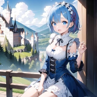 (6 year old girl:1.7), (cowboy shot:1.4), Rem from Re:Zero, (insanely detailed:1.1), (Ultra detailed:1.1), (8K resolution:1.2), (photorealistic:1.1), (natural lighting:1.1), young adult, big blue eyes, short light blue hair with side bangs, cute expression, wearing a distinctive maid outfit with frills and bows, blue and white color scheme, outdoors, Neuschwanstein Castle in Germany as background, bright sunny day, clear sky, looking at viewer, confident pose, (hyper-realistic:1.1), Bavarian architecture, fairy tale castle, Alpine landscape, romantic atmosphere