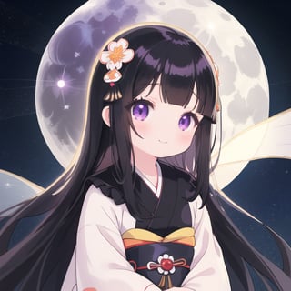 (black hair:1.5),
masterpiece, best quality, intricate details, (kaguya-hime:1.5), (little girl:1.5), (petite:1.5), beautiful child, black hair, white skin, light purple eyes, traditional Japanese kimono, (full moon background:1.3), ethereal glow, innocent smile, (childlike features:1.2), (fairy tale atmosphere:1.3), upper body portrait, (moonlit sky:1.2), (soft moonlight illumination:1.2), (lunar landscape:1.1), (kimono with moon patterns:1.1), (celestial theme:1.2)