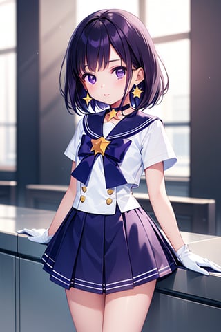  (A five-year-old girl:1.5),
 (Five years old:1.5),
 (infant:1.5),
 (little girl:1.5),
 (petite:1.5),
(solo:1.1),

A 6-year-old Japanese schoolgirl incorporating Sailor Saturn elements,
looking at the viewer,
cowboy shot,

short purple hair,
purple eyes,

magical girl outfit,
sailor senshi uniform,
miniskirt,
purple sailor collar,
white gloves,
circlet,
brooch,
choker,
earrings,
gloves,
jewelry,
star choker,

airport,

beautiful and detailed illustration,
high-quality,
8k resolution,
perfect lighting,
extremely detailed CG,
perfect hands and anatomy,
masterpiece,

bright,
sunny day,