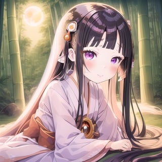 masterpiece, best quality, intricate details, (kaguya-hime:1.5), (little girl:1.5), (petite:1.5), beautiful child, light pink hair, white skin, light purple eyes, traditional Japanese kimono, bamboo forest background, full moon in sky, ethereal glow, innocent smile, (childlike features:1.2), (fairy tale atmosphere:1.3), upper body portrait, 