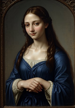 Renaissance portrait in the style of Leonardo da Vinci, upper body of the Virgin Mary, sfumato technique, subtle gradations, enigmatic smile, muted earth tones, atmospheric perspective, detailed background landscape, chiaroscuro lighting, realistic human anatomy, intricate drapery of Renaissance clothing, oil on wood panel, high level of detail, masterful composition, soft ethereal glow, gentle facial features, flowing hair, delicate hands, serene and divine expression, blue robe with red undergarment, subtle halo effect