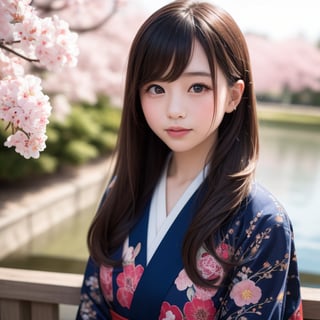 A stunning portrait of an 8-year-old Japanese girl, radiating beauty and innocence. She has long, flowing black hair, large, expressive dark eyes, and a delicate, heart-shaped face. She is wearing a traditional Japanese kimono, adorned with intricate patterns and vibrant colors. The background is a serene Japanese garden with cherry blossoms in full bloom. Highly detailed, masterpiece, 8K resolution.