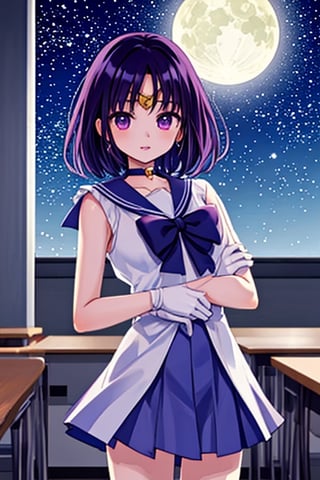 a 6-year-old Japanese girl,  (in a classroom setting:1.2), Generate a high-quality image of a 6-year-old Japanese schoolgirl in a classroom setting, dressed as Sailor Saturn. She should have purple eyes, short purple hair, and wear a circlet, brooch, choker, earrings, gloves, and a sailor senshi uniform with a miniskirt. The image should be set against a night sky with stars and a moon, and the girl should be looking directly at the viewer with a cowboy shot composition. The image should be a masterpiece with best quality, high resolution, and unity 8k wallpaper standards. The illustration should have beautiful, detailed eyes, an extremely detailed face, perfect lighting, and extremely detailed CG with perfect hands and anatomy. The background should be a beautiful, high-quality image of a school, with a focus on the girl as Sailor Saturn