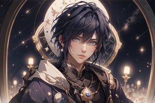 Best quality, best illustration, best lighting, incredible quality, highly detailed 8k CG wallpaper, detailed eyes, detailed face, detailed hair, 
1man, astronaut, aurora, bangs, black_hair, blue_eyes, city_lights, cloud, constellation, crescent_moon, earrings, earth_\(planet\), fireworks, flower, galaxy, jewelry, light_particles, long_sleeves, male_focus, milky_way, moon, night, night_sky, planet, rainbow, shooting_star, short_hair, sky, solo, space, sparkle, star_\(sky\), star_\(symbol\), starry_background, starry_sky, starry_sky_print, upper_body, window.
a man with a blue dress and a star in the background with a clock on it's face, Artgerm, rossdraws global illumination, a painting, art nouveau.