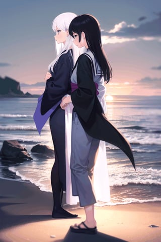 Divide the picture into two sides, a girl with long black hair and wearing a Japanese school uniform is on the left side of the picture, and another girl with long white hair and wearing a black kimono is on the right side of the picture (backlit), the two girls touch each other. The dividing line is when the sun and moon appear at the same time (day and night alternate) (one on the left and one on the right like the characters). Standing on the beach next to the ocean. (Overall darker) (The sun and moon are smaller than humans) Half of the screen has a mirror image of a mirage. Japanese animation style