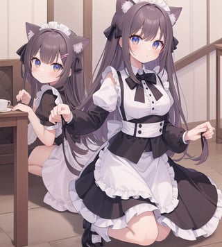 In the cafe, girl, cat ears, maid outfit, kneeling