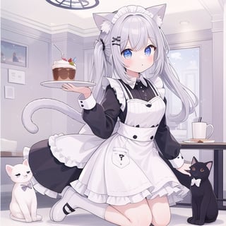 In the cafe, girl, cat ears, maid outfit, kneeling