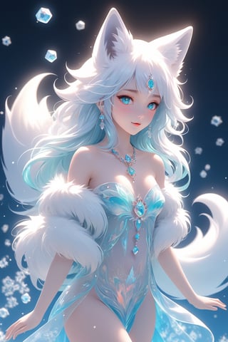 the fur beautiful, body, full body, hairyskin,fantasy, subsurface scattering, perfect anatomy,  glow, bloom, Bioluminescent liquid,china style,Movie Still, royal color, vibrant, volumetric light (masterpiece, top quality, best quality, official art, beautiful and aesthetic:1.2), (1girl),extreme detailed,(abstract, fractal art:1.3),colorful hair,highest detailed, detailed_eyes,snowflakes, ice crystals, light_particles,snow fox girl,babyface, perfect body, five fingers, perfect hands, anatomically perfect body, sexy posture,(aqua eyes),(white hair), long straight hair,(white fur off-shoulder ), barefeet, fox, dance Stance,dynamic angle,depth of field, hyper detailed, highly detailed, beautiful, small details, ultra detailed, best quality, 4k,(whole body),spirit fox Pendant,mythical clouds