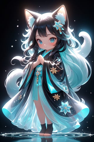 long hair, beautiful fur, body, full body, furry skin, fantasy, subsurface scattering, perfect anatomy, glow, bloom, bioluminescent liquid, chinese style, cinematic still,, (masterpiece, top quality, best quality , Official Art, Beauty and Aesthetics: 1.2), (1 Girl), Extremely Detailed, (Abstract, Fractal Art: 1.3), Colorful Hair, Most Detailed, Detailed Eyes, Snowflakes, Ice Crystals, Light Particles, Black Cat Girl , baby face, perfect body, five fingers, perfect hands, anatomically perfect body, sexy pose, (aqua eyes), (black hair), long straight hair, (black fur strapless kimono), barefoot, Cat, Dancing Pose, Dynamic Angle, Depth of Field, Super Detailed, Highly Detailed, Beautiful, Small Detail, Super Detailed, Best Quality, 4k, (Full Body), Civet Pendant, Mythical Cloud,Spirit Fox Pendant