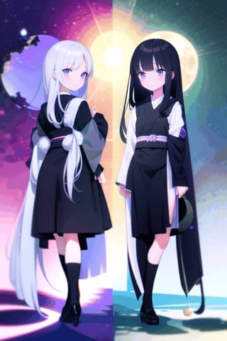 Divide the picture into two sides, a girl with long black hair and wearing a Japanese school uniform is on the left side of the picture, and another girl with long white hair and wearing a black kimono is on the right side of the picture (backlit), the two girls touch each other. The dividing line is when the sun and moon appear at the same time (day and night alternate) (one on the left and one on the right like the characters). Standing on the beach next to the ocean. (Overall darker) (The sun and moon are smaller than humans) Half of the screen has a mirror image of a mirage. Japanese animation style