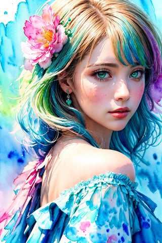 (closeup shot),(masterpiece, best quality, high quality, highres, ultra-detailed),1 girl,(colorful dress+intricate details),(complex detailed:1.3), magical+fantasy theme, colorful tone,(black+blue+pink+green color:1.2),high contrast,elegant, (watercolor style:1.5),watercolor, vibrant color,(mixing of realistic+watercolor), by Thomas Moran ,(dynamic pose:1.1)