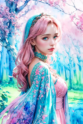 (closeup shot),(masterpiece, best quality, high quality, highres, ultra-detailed),(a very beautiful female:1.4),(colorful dress+intricate details),(complex detailed:1.3), magical+fantasy theme, colorful tone,(black+blue+pink+green color:1.2),high contrast,elegant, (watercolor style:1.5),watercolor, vibrant color,(mixing of realistic+watercolor), by Thomas Moran ,(dynamic pose:1.1),BREAK,(Colorful pink+blue tree in background:1.4),xjrex