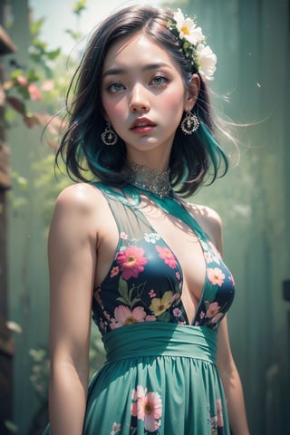 woman, flower dress, colorful, darl background,blue theme,exposure blend, medium shot, bokeh, (hdr:1.4), high contrast, (cinematic, teal+orange+green:0.85), (muted colors, dim colors, soothing tones:1.3), low saturation,baifernbah,FUJI,High detailed 