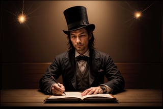 "Craft an Oriental Zen-style artwork featuring the Digital Cyborg Writer in a state of serene concentration. The fiery hair reflects their inner emotions, and the top hat produces sparks as they write with unparalleled precision, symbolizing the harmony of technology and nature."