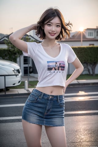 ((natta、Realistic light、top-quality、8K、​masterpiece:1.3)),1girl in,Slim Beauty:1.3
,abdominals:1.1,(brown haired,flat chest,:1.3),(white tight t-shirt: 1.3)(tight skirts:1.3),beauty legs,Super fine face,A detailed eye,cheerful,seductive smile,cleavage,denim tight skirt,dynamic pose,city,sunset shines,wind,disheveled hair,floating hair,bent over,hands on hips,short hair,happy,grin,