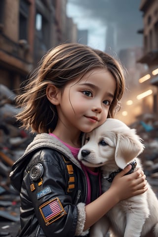 1 cute cyborg girl, 5yo, kissing a cute puppy, in a devastated city, highly detailed, beautiful detailed face, smile, beautiful detailed eyes, realistic hair, realistic skin texture, side view, 8k resolution, masterpiece, cyborg style,3d style