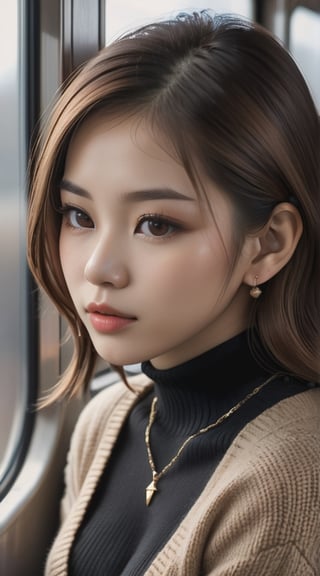 (best quality,masterpiece, photorealistic, highly detailed), I would greatly appreciate it if you could generate a close-up portrait of 1 beautiful asian girl who is sitting in the box seat on the train, ((looking outside of the window)), her age is around 20 years old and she is exceptionally beautiful and sexy with large-sized breasts, glossy lips, beautiful detailed eyes, medium-length light-brown hair, she is wearing a black turtleneck knitwear, earrings, necklace, realistic detailed skin texture, detailed hair, sharp-focus, side view, bokeh, asian girl,high_school_girl,colorful_girl_v2,aesthetic portrait