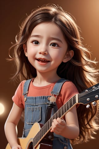 a full body portrait of 1 cute girl, 5yo, cutest vocalist, singing a song with mouth open, playing the guitar, smile, stand microphone, on stage, highly detailed, beautiful detailed face, beautiful detailed eyes, realistic hair, realistic skin texture, 8k resolution, masterpiece, 3d style