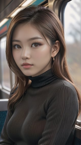 (best quality,masterpiece, photorealistic, highly detailed), I would greatly appreciate it if you could generate a close-up portrait of 1 beautiful asian girl who is sitting in the box seat on the train, ((looking outside of the window)), her age is around 20 years old and she is exceptionally beautiful and sexy with large-sized breasts, glossy lips, beautiful detailed eyes, medium-length light-brown hair, she is wearing a black turtleneck knitwear, earrings, necklace, realistic detailed skin texture, detailed hair, sharp-focus, side view, bokeh, asian girl,high_school_girl,colorful_girl_v2,aesthetic portrait