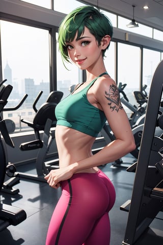 1girl,  cute beautiful skinny petite 30-year-old pixie girl,  short apple green hair pixie cut,  arm tattoo,  embarrased smile, in gym, wearing small tshirt and yoga pants, pulling pants down showing pussy, from the front, pokies, [tan lines],  realistic swollen pussy [leaking grool],  labia, (flat-chested), (tiny) ass,  highly detailed,  realistic,  highest quality,  masterpiece photo,  nsfw,  solo, clothes pull,clothes pull