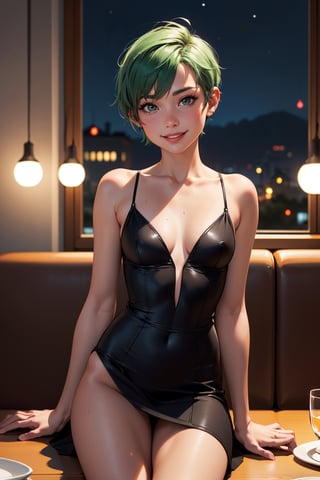 1girl,  cute beautiful skinny petite 30-year-old pixie girl,  short apple green hair pixie cut,  arm tattoo,  embarrased smile, legs open in a restaurant booth at night, wearing small dress,  upskirt, pokies, [tan lines],  close-up of realistic swollen pussy [leaking grool],  labia, (flat-chested), (tiny) ass,  highly detailed,  beautiful hands,  realistic,  highest quality,  masterpiece photo,  nsfw