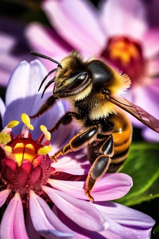 Macro view a bee on a flower 