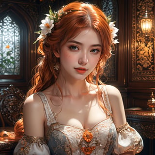 (masterpiece:1.4), (best quality:1.4), fantasy, extremely detailed, intricate, hyper-detailed, illustration, soft lighting, 1girl, Orange hair_flower, dress, bend_over, grin, (perfect_face), sitting, desk, ornate, intricate, dramatic lighting, 4k, detailed_background, caustics, full_body, 