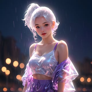 realistic, 1girl, ponytail, parted lips, blush, makeup, light smile, white hair, sportswear, skirt, wet clothes, glow, thighs, purple eye, bare shoulders, collarbone, narrow waist, sunbeam, sunlight, rose, wind, cleavage, (masterpiece), sweat,((masterpiece)), ((best quality)), photo, raw, 8k, high detailed, ultra-detailed, Trending on Artstation, Artgerm.