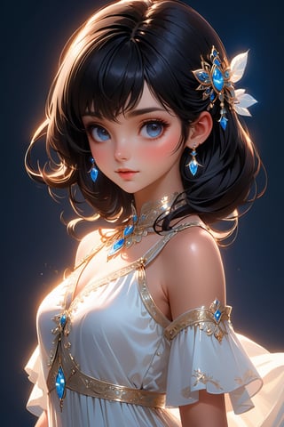 (masterpiece), realistic, (portrait of a girl), beautiful face, sunlight, cinematic light, bangs, a beautiful woman, beautiful eyes, black hair, perfect anatomy, very cute, princess eyes , (black eyes) , (frame the head), Centered image, stylized, bioluminescence, 8 life size,8k Resolution, white low-cut dress with small blue details, human hands, wonder full, elegant, approaching perfection, dynamic, highly detailed, character sheet, concept art, smooth, facing directly at the viewer positioned so that their body is symmetrical and balanced, stunningly beautiful teenage girl, detailed hairstyle,