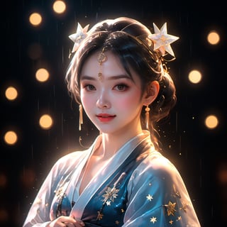 best quality, masterpiece, highres, wuxia 1girl,blush,(seductive smile:0.8),star-shaped pupils,china hanfu,hair ornament,necklace, jewelry,Beautiful face,upon_body, tyndall effect,photorealistic, dark studio, rim lighting, two tone lighting,(high detailed skin:1.2), 8k uhd, dslr, soft lighting, high quality, volumetric lighting, candid, Photograph, high resolution, 4k, 8k, Bokeh