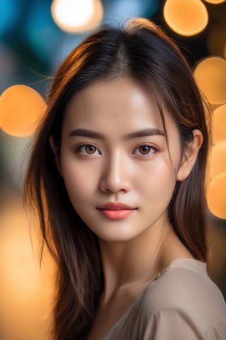 a  woman, Thai 25 yo,(detailed eye:1.2) look to viewer, pose for advertising, rim light, bokeh, 8k photo, style of Annie Leibovitz