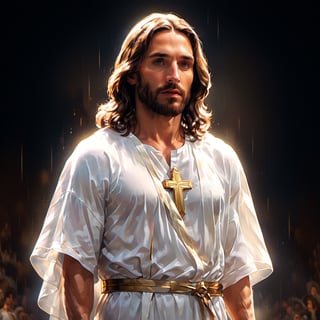 jesus christ wearing tunic, ((masterpiece)), ((best quality)), photo, raw, 8k, high detailed, ultra-detailed, Trending on Artstation, Artgerm.