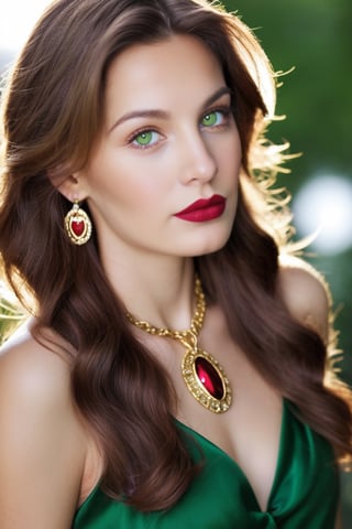 Create a  photo of beautiful netherlands women  looking at the viewer with loving eyes. she has shoulder long brown wavy hair, beautiful green eyes, red lips of an angel,tanned face. she is wearing golden necklace and earings, violet silk tunic with cleavage, warm red lipstick.. her head is resting upon her hand. high detailed, perfect lighting.warm colors, ,High detailed ,side lighting.