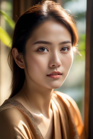 a  woman, Thai 25 yo,(detailed eye:1.2) look to viewer, pose for advertising, sunlight thru the window, 8k photo, style of Annie Leibovitz